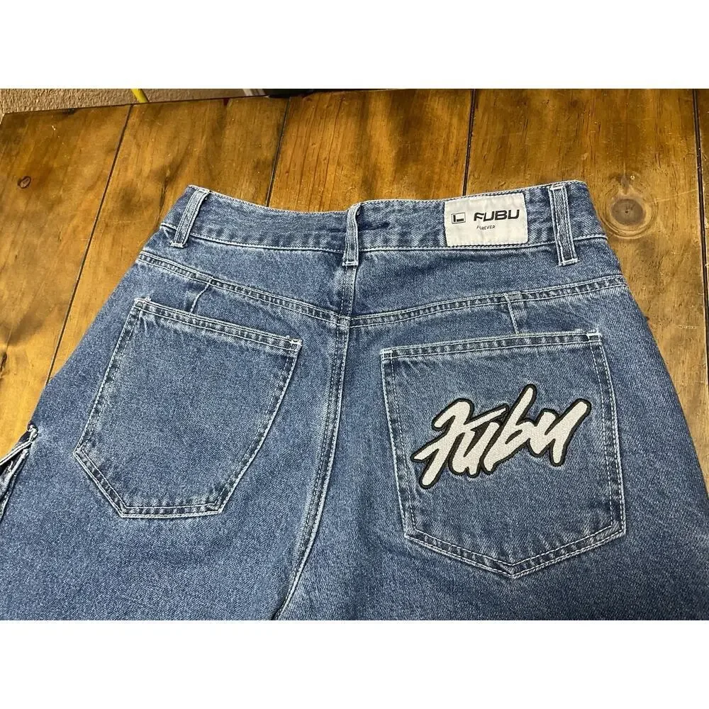 Forever 21 FUBU Denim Cargo Jeans Baggy Y2K Wide Leg Skater Womens Medium 28x31 - Picture 10 of 16